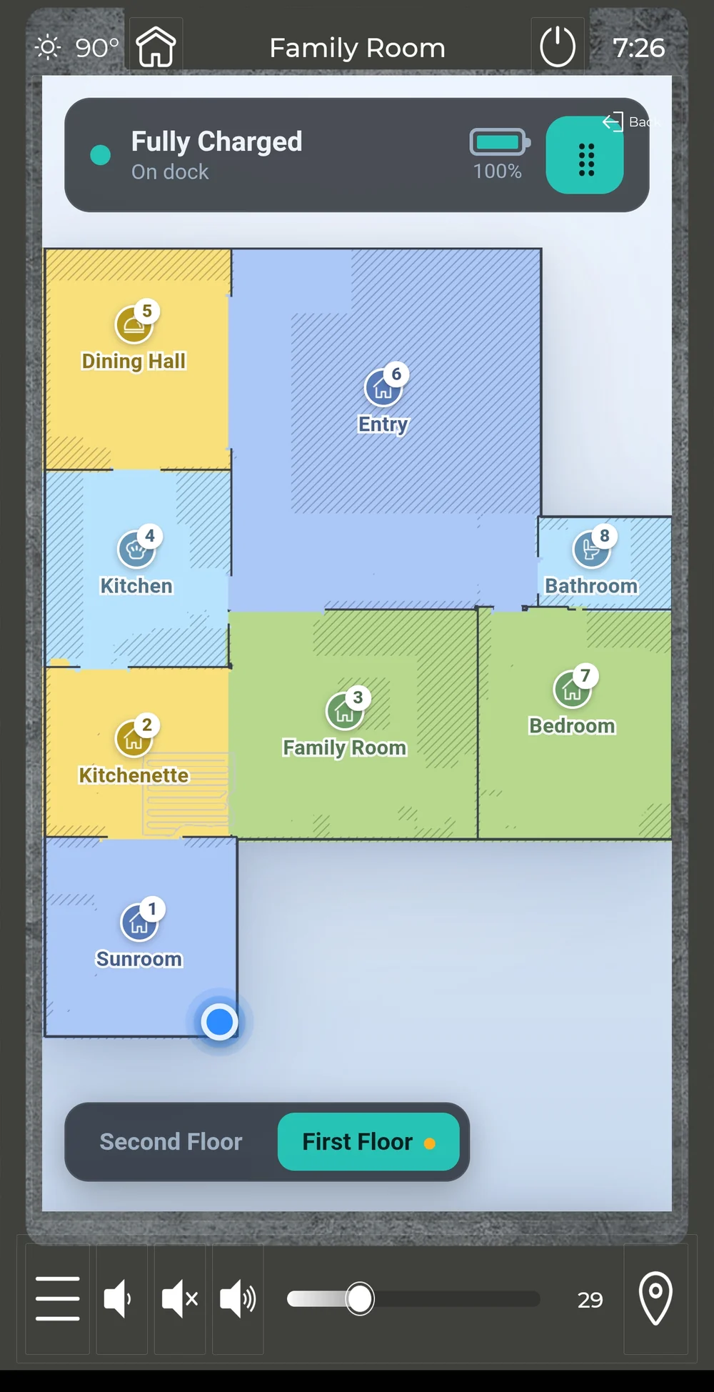 The live floor-plan map on an RTI panel